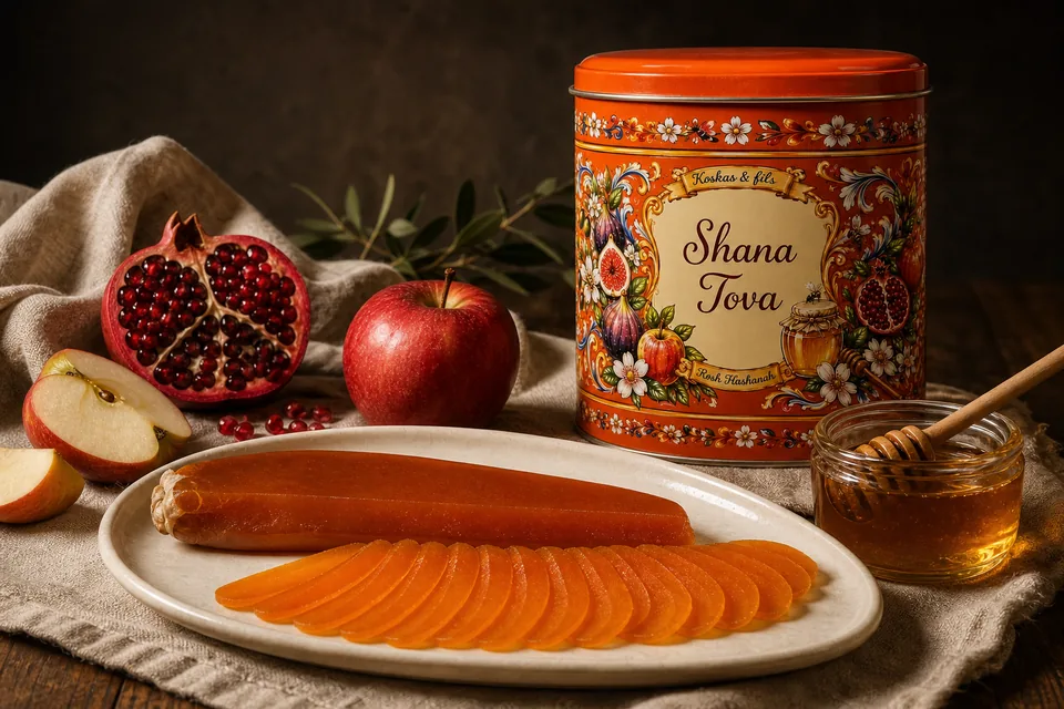 Coffret Shana Tova Koskas & Fils, boutargue tranchée, pommes, miel et grenade sur une table de fête
